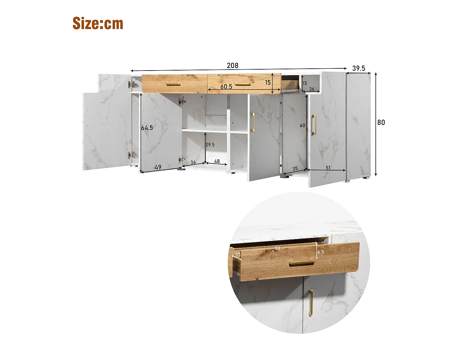 URBAN MEUBLE Buffet blanc effet marbre 4 portes 2 tiroirs 208x39,5x80cm