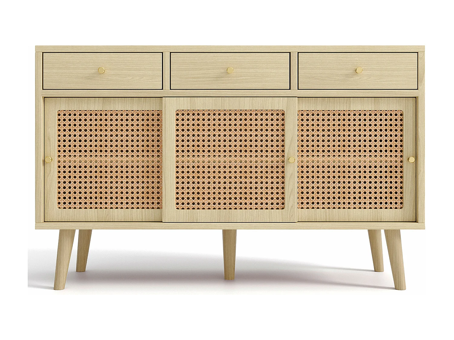 Buffet style naturelle avec 3 tiroirs et 3 portes coulissantes tissage rotin 120x40x78cm DENNOR