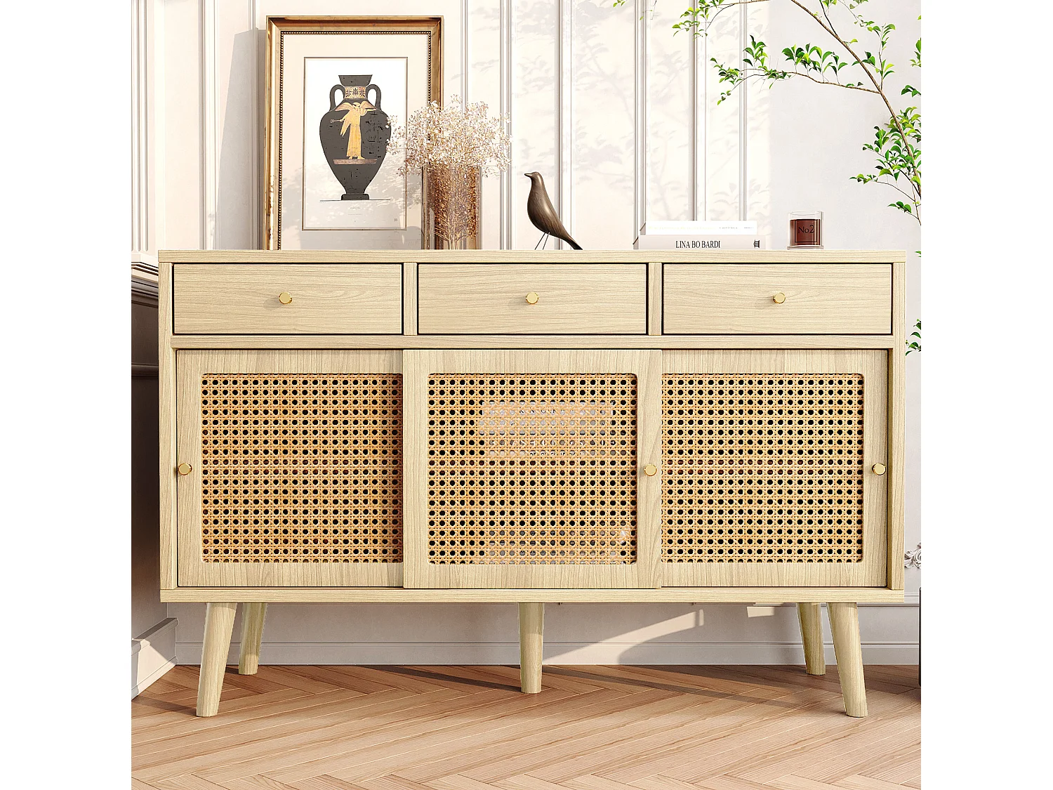 URBAN MEUBLE Buffet style naturelle avec 3 tiroirs et 3 portes coulissantes tissage rotin 120x40x78cm