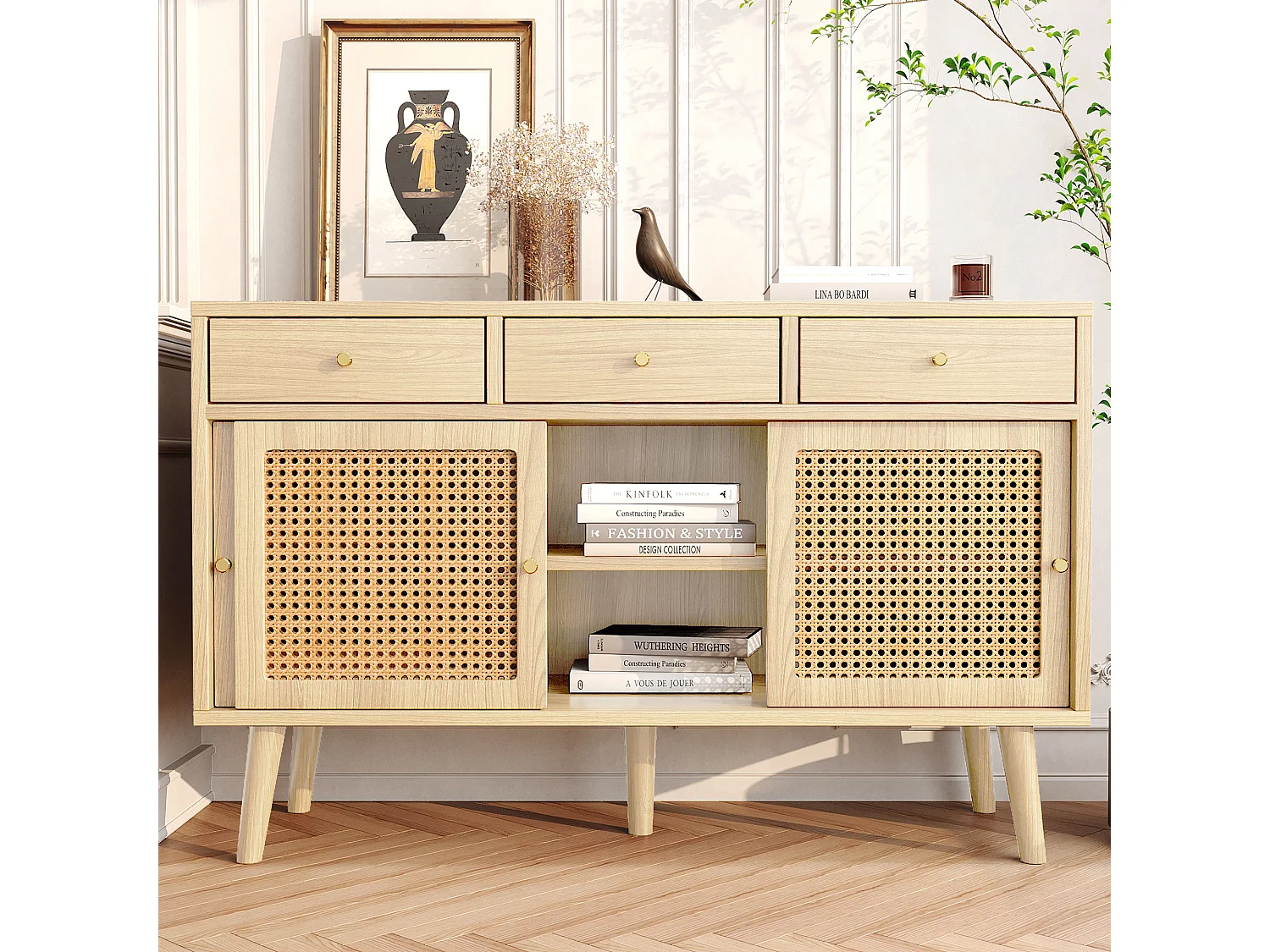 URBAN MEUBLE Buffet style naturelle avec 3 tiroirs et 3 portes coulissantes tissage rotin 120x40x78cm