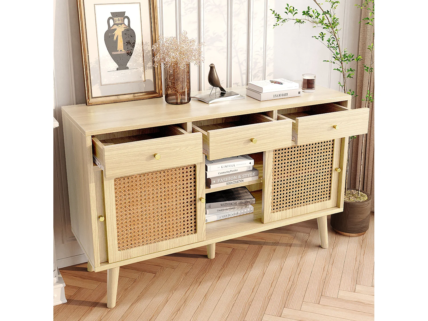 URBAN MEUBLE Buffet style naturelle avec 3 tiroirs et 3 portes coulissantes tissage rotin 120x40x78cm