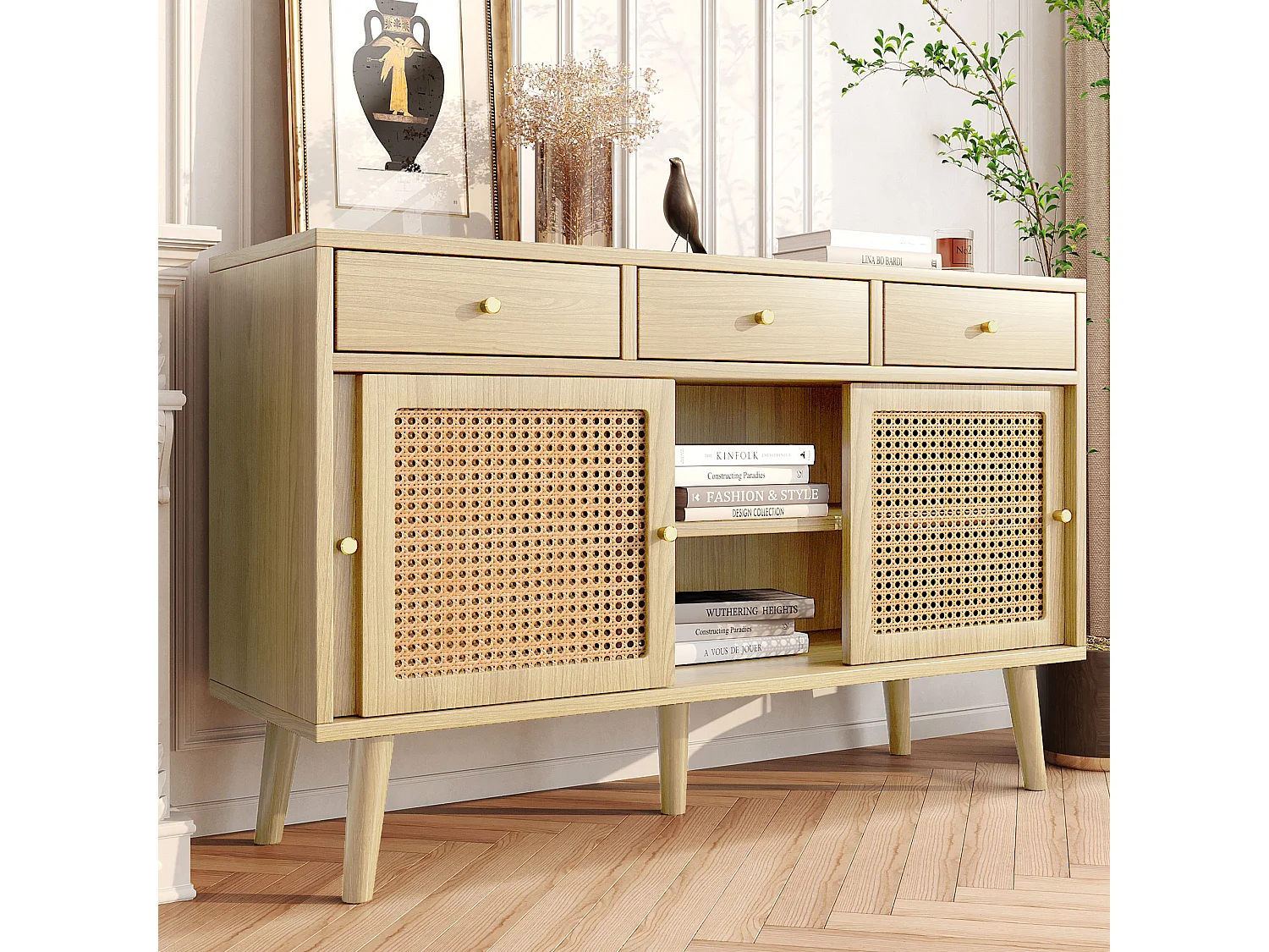 URBAN MEUBLE Buffet style naturelle avec 3 tiroirs et 3 portes coulissantes tissage rotin 120x40x78cm