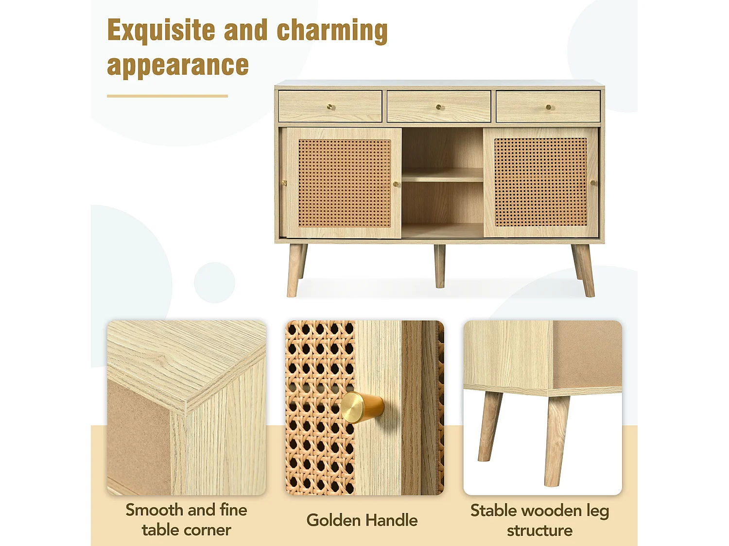 URBAN MEUBLE Buffet style naturelle avec 3 tiroirs et 3 portes coulissantes tissage rotin 120x40x78cm