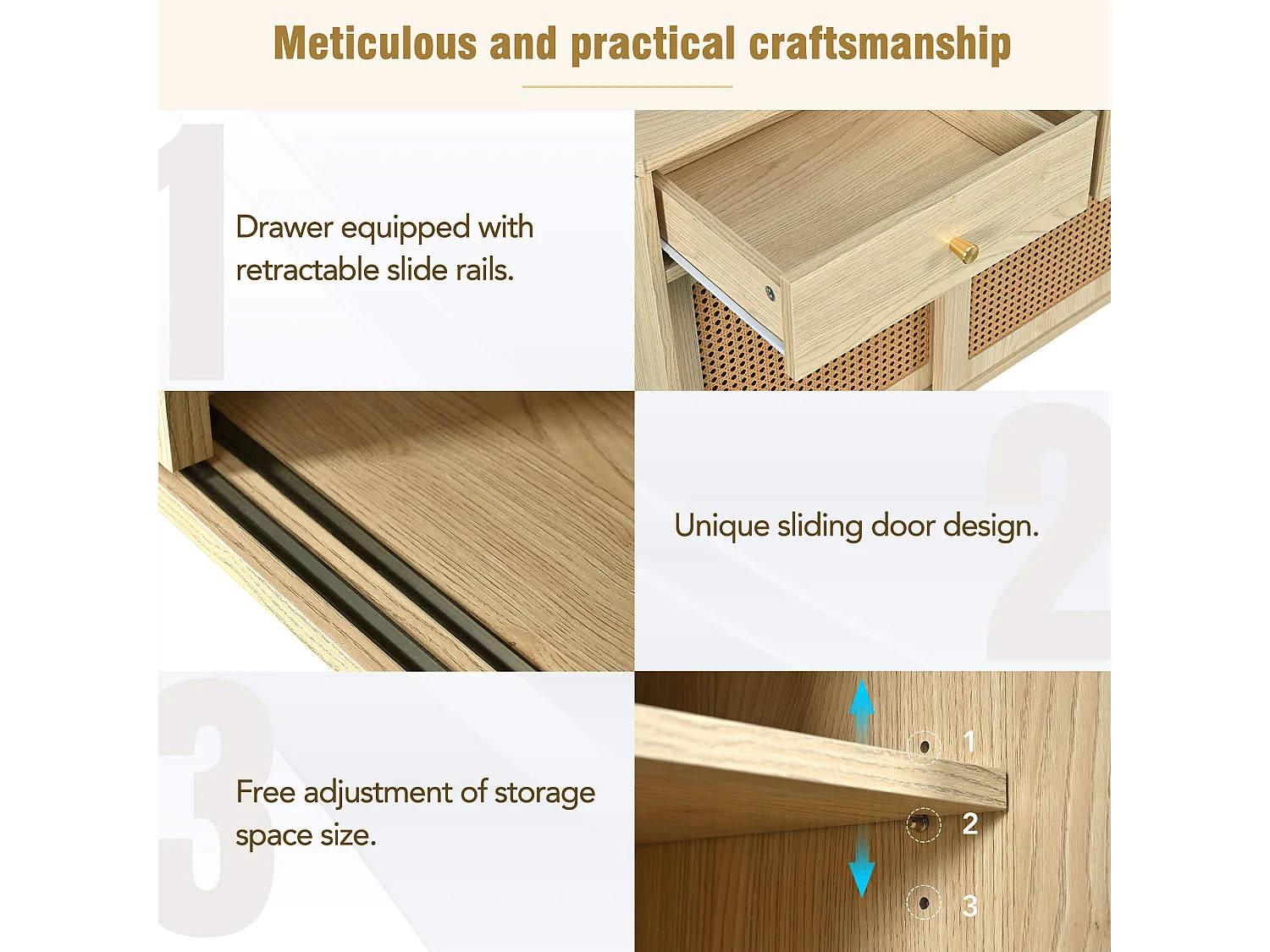 URBAN MEUBLE Buffet style naturelle avec 3 tiroirs et 3 portes coulissantes tissage rotin 120x40x78cm
