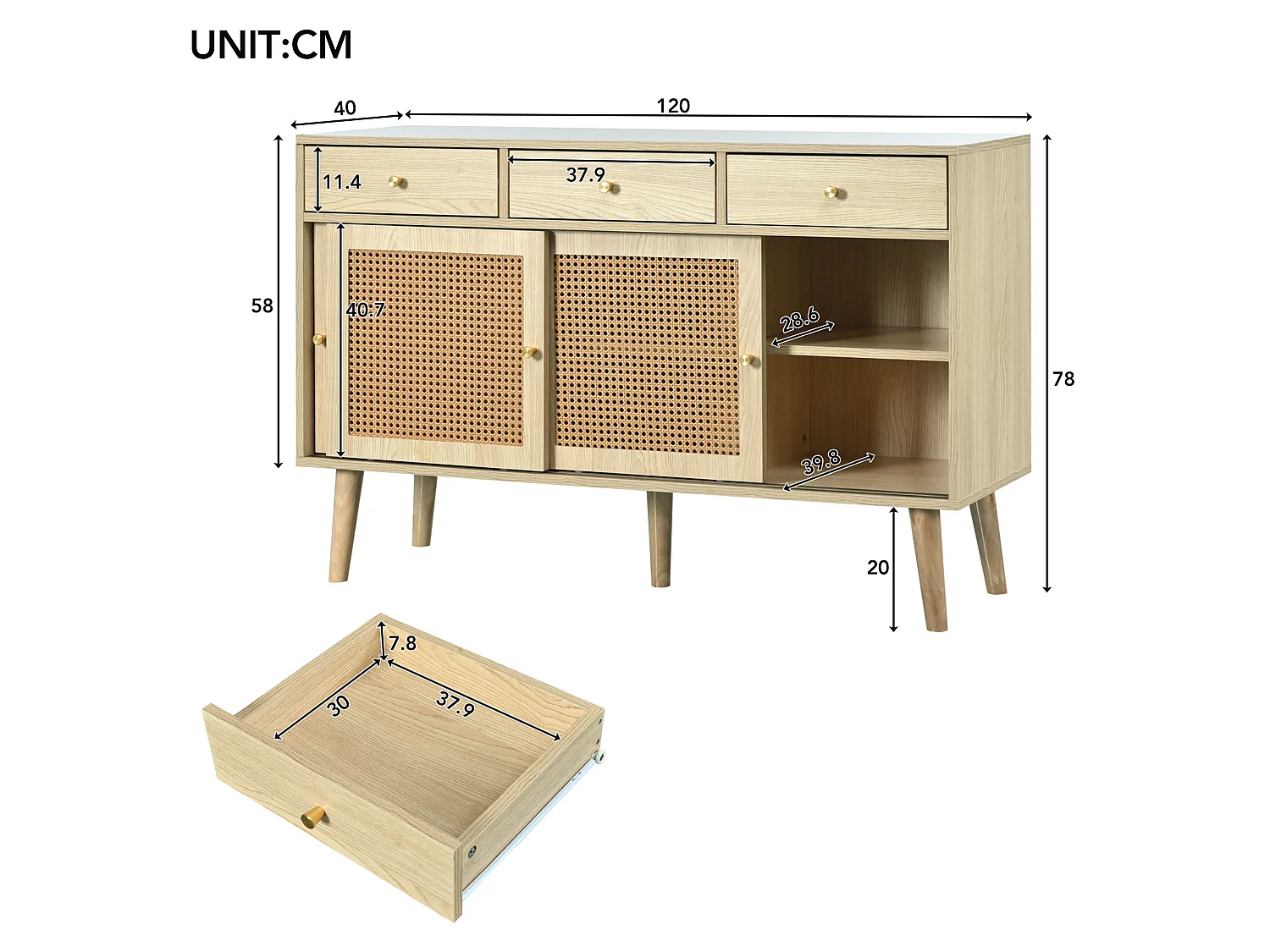 URBAN MEUBLE Buffet style naturelle avec 3 tiroirs et 3 portes coulissantes tissage rotin 120x40x78cm