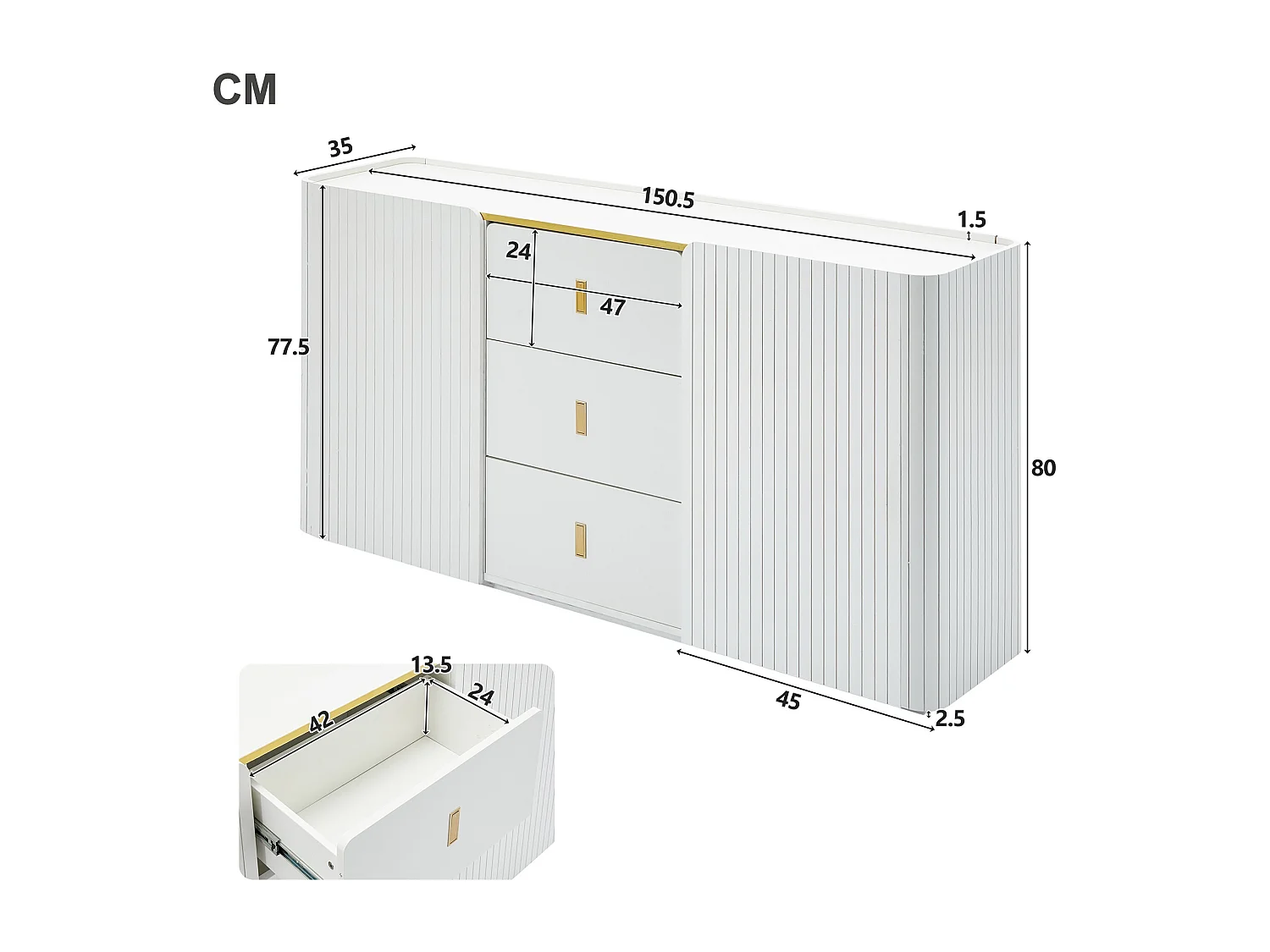 Buffet blanc élégant 2 portes, 2 tiroirs avec éclairage LED 150*35*80cm KRAUDREL
