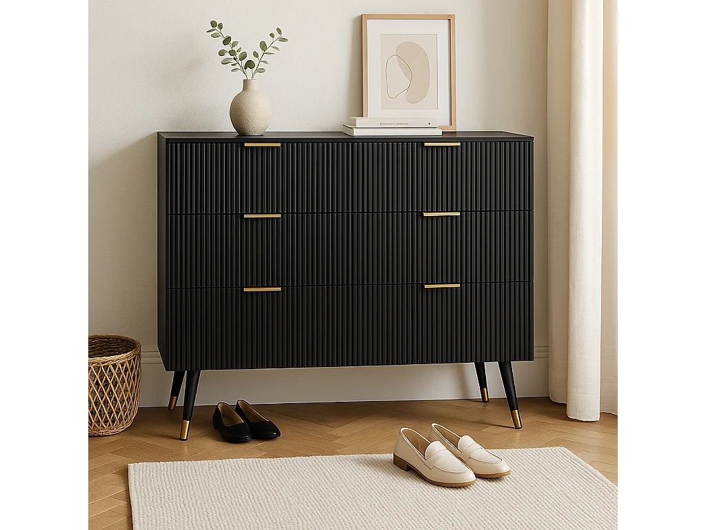 URBAN MEUBLE Buffet élégant noir design moderne, 6 tiroirs poignets et point de pieds dorés 120*40*77cm COQREOD BLACK