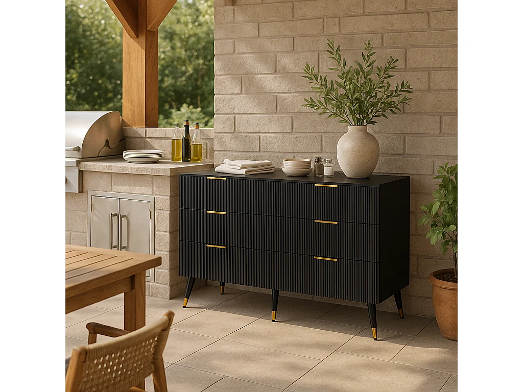 URBAN MEUBLE Buffet élégant noir design moderne, 6 tiroirs poignets et point de pieds dorés 120*40*77cm COQREOD BLACK