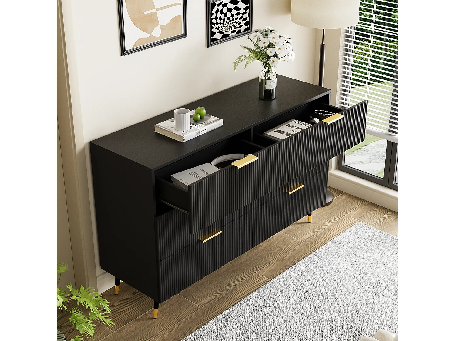 URBAN MEUBLE Buffet élégant noir design moderne, 6 tiroirs poignets et point de pieds dorés 120*40*77cm COQREOD BLACK