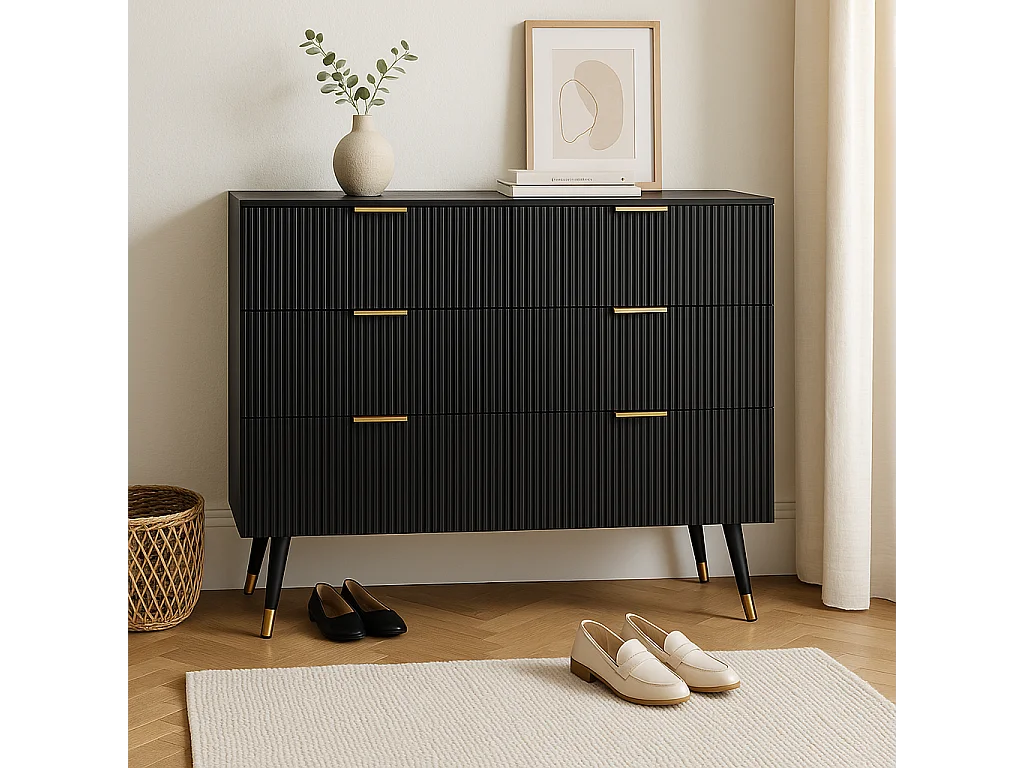 URBAN MEUBLE Buffet élégant noir design moderne, 6 tiroirs poignets et point de pieds dorés 120*40*77cm COQREOD BLACK