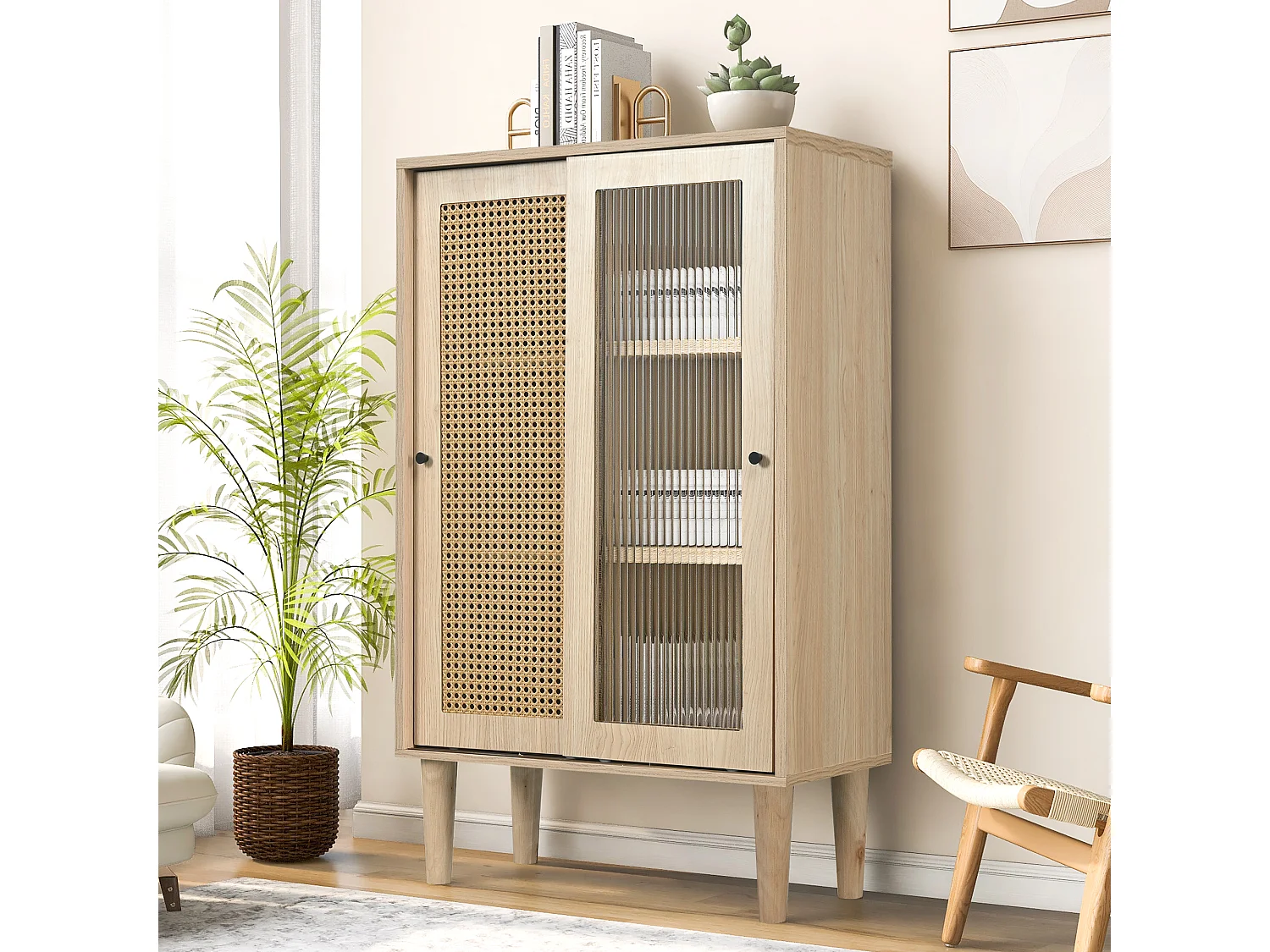 Buffet effet bois avec portes en rotin portes coulissantes en verre BAMPHUDS