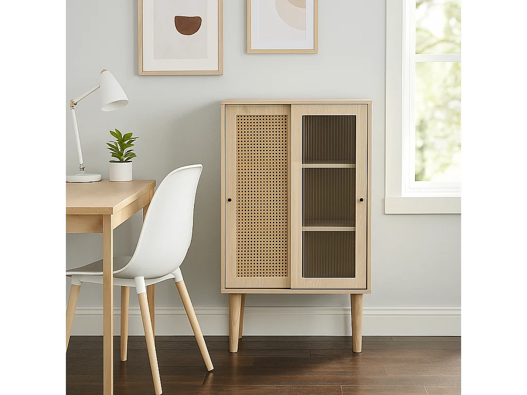 URBAN MEUBLE Buffet effet bois avec portes en rotin portes coulissantes en verre