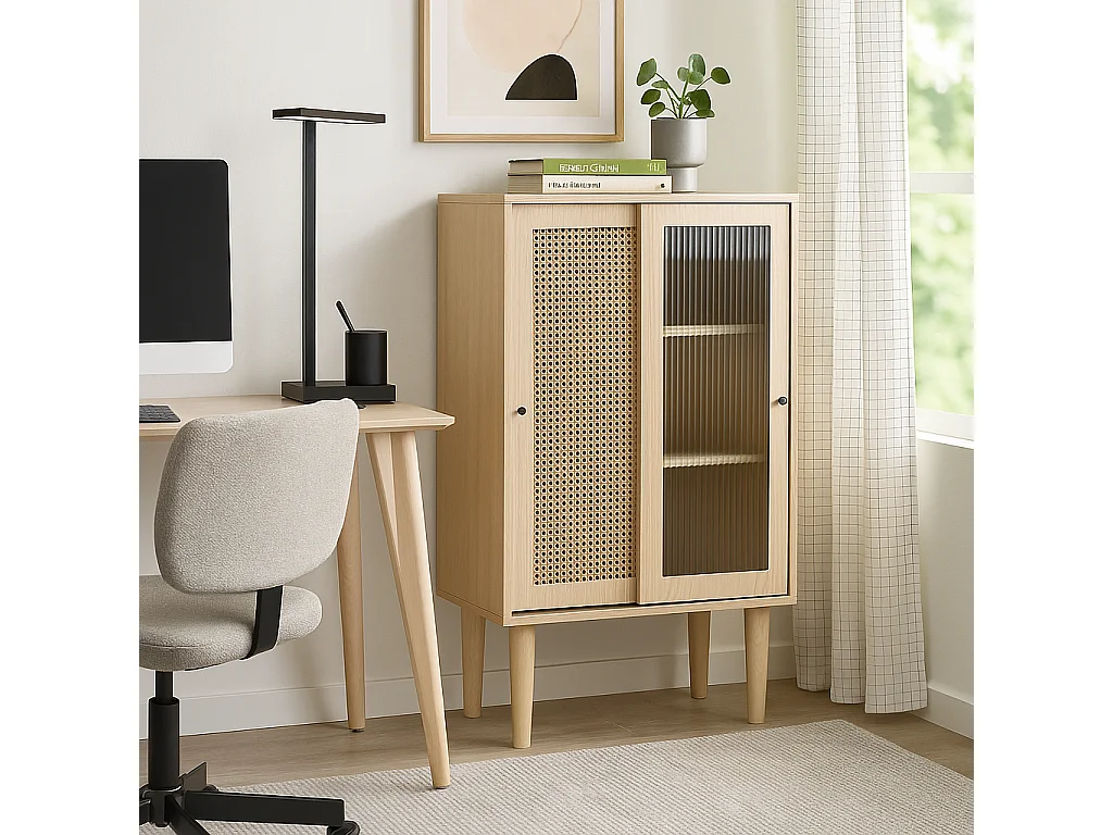 URBAN MEUBLE Buffet effet bois avec portes en rotin portes coulissantes en verre