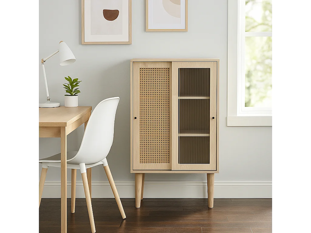 URBAN MEUBLE Buffet effet bois avec portes en rotin portes coulissantes en verre