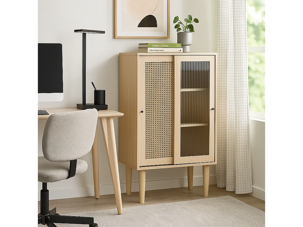 URBAN MEUBLE Buffet effet bois avec portes en rotin portes coulissantes en verre