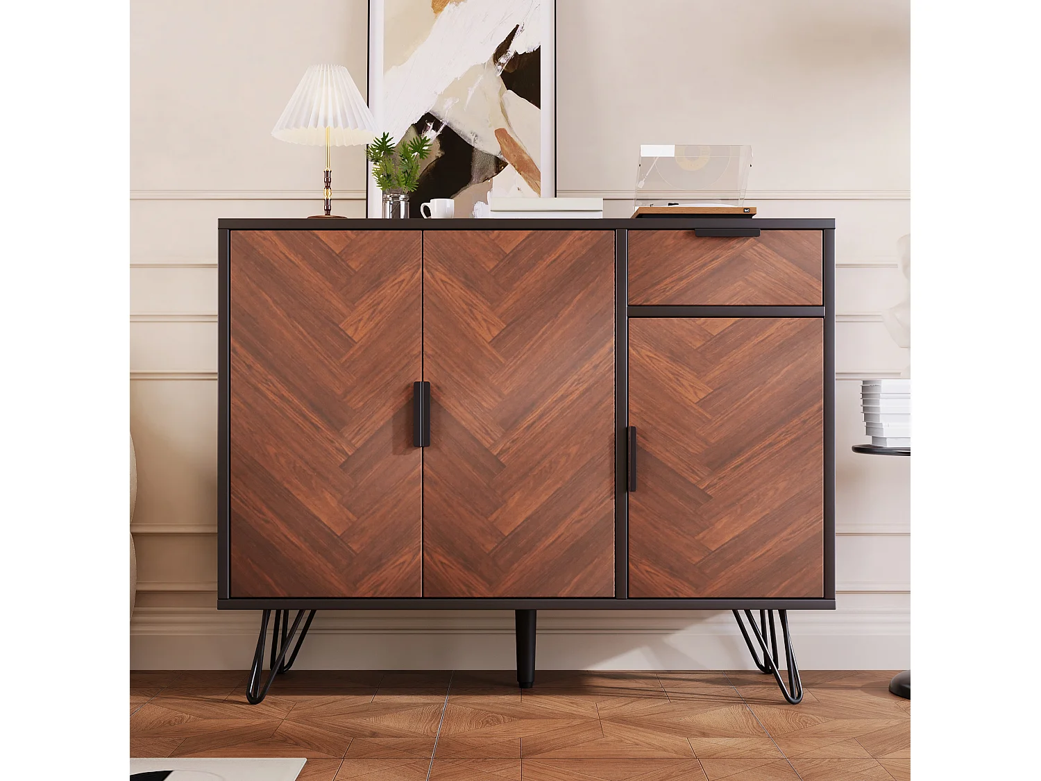 URBAN MEUBLE Buffet moderne effet bois foncé et noir avec tiroir 90x30x71,5cm