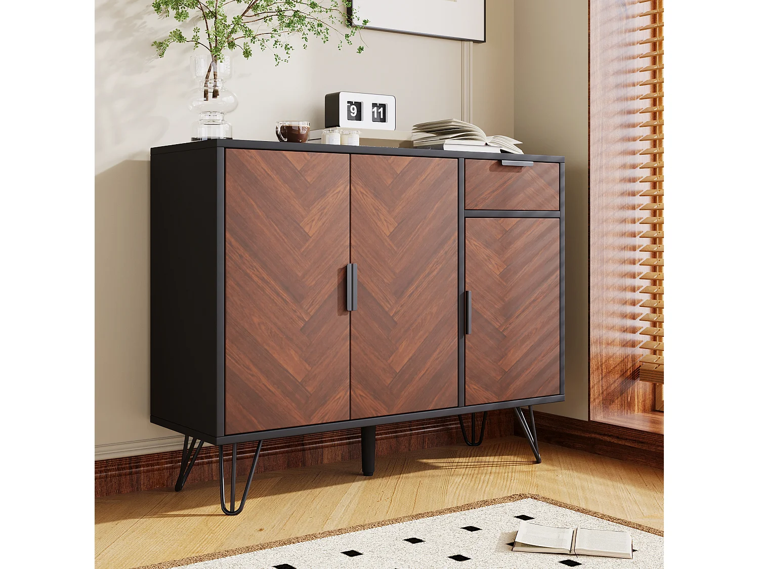 URBAN MEUBLE Buffet moderne effet bois foncé et noir avec tiroir 90x30x71,5cm