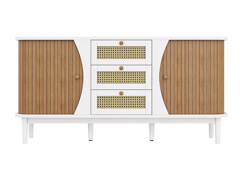 Buffet blanc et en rotin 2 portes coulissantes 3 tiroirs CRAL