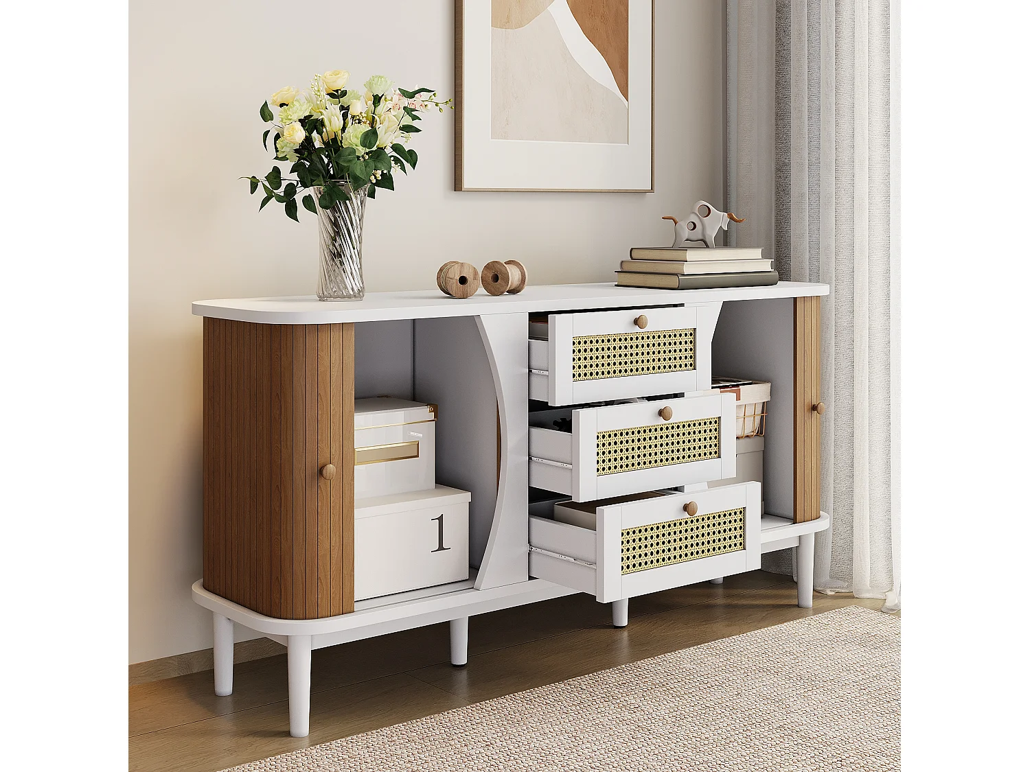 URBAN MEUBLE Buffet blanc et en rotin 2 portes coulissantes 3 tiroirs