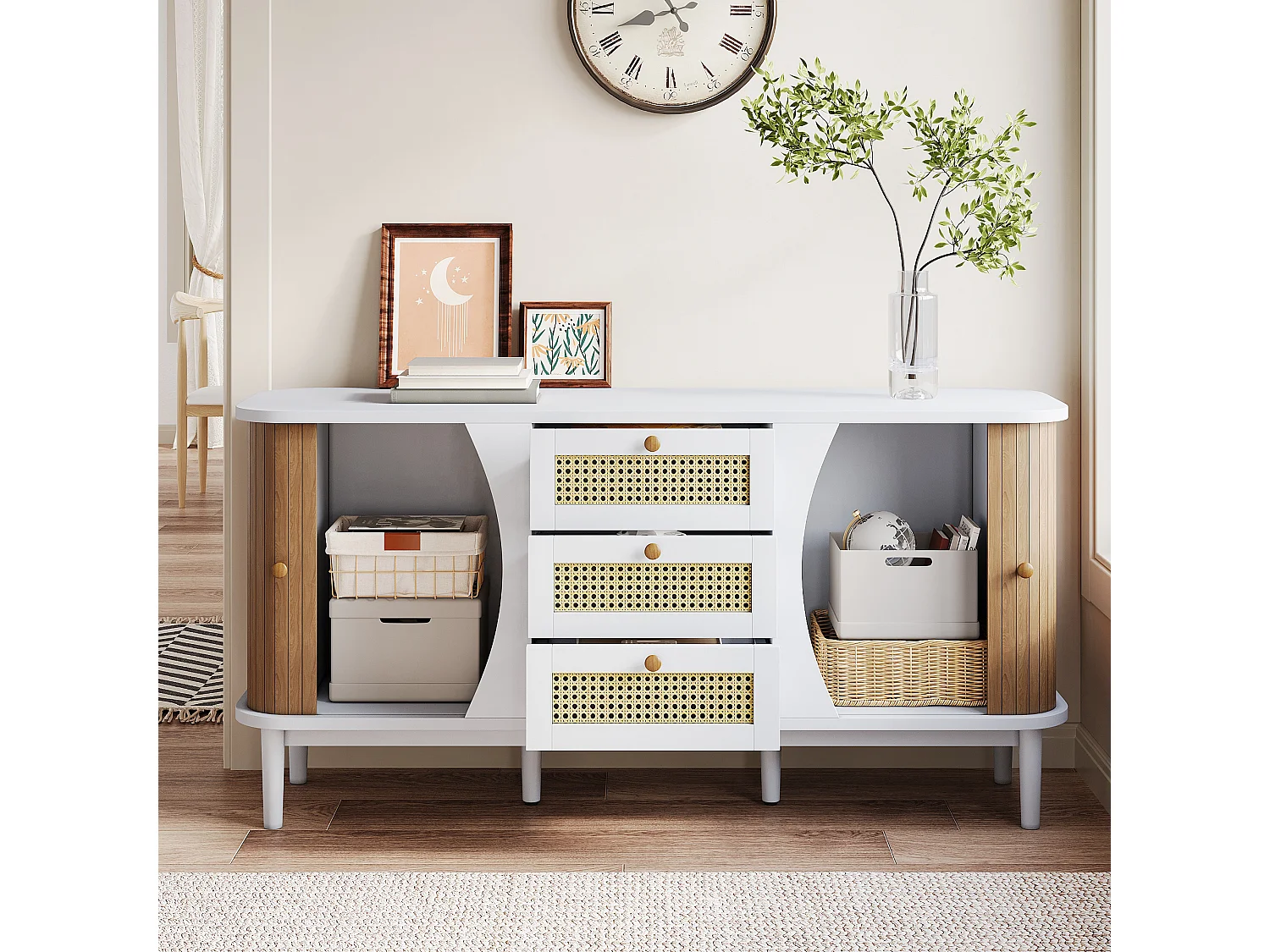 URBAN MEUBLE Buffet blanc et en rotin 2 portes coulissantes 3 tiroirs