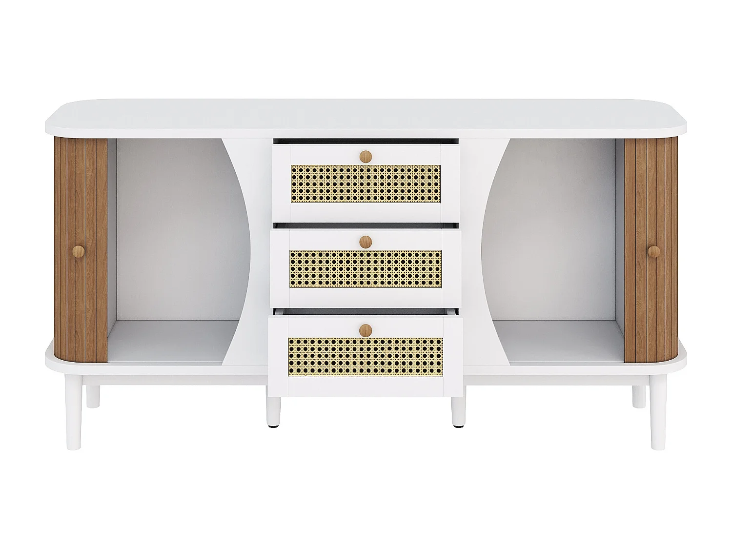 URBAN MEUBLE Buffet blanc et en rotin 2 portes coulissantes 3 tiroirs