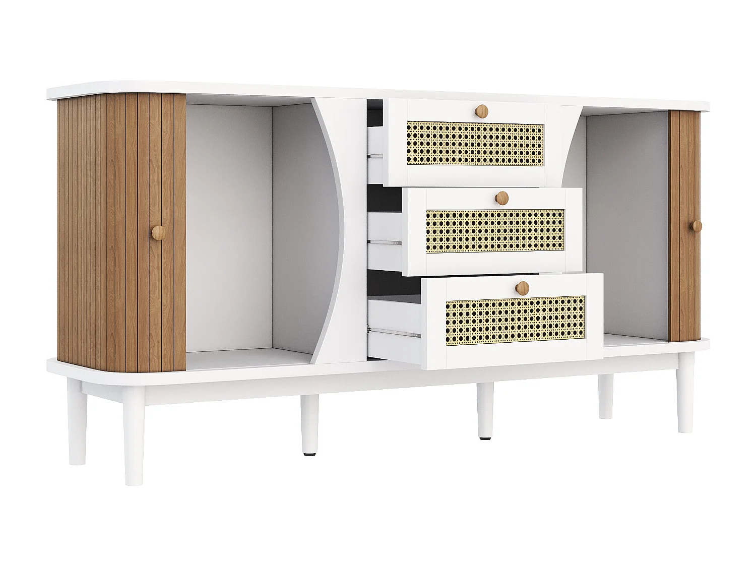 URBAN MEUBLE Buffet blanc et en rotin 2 portes coulissantes 3 tiroirs