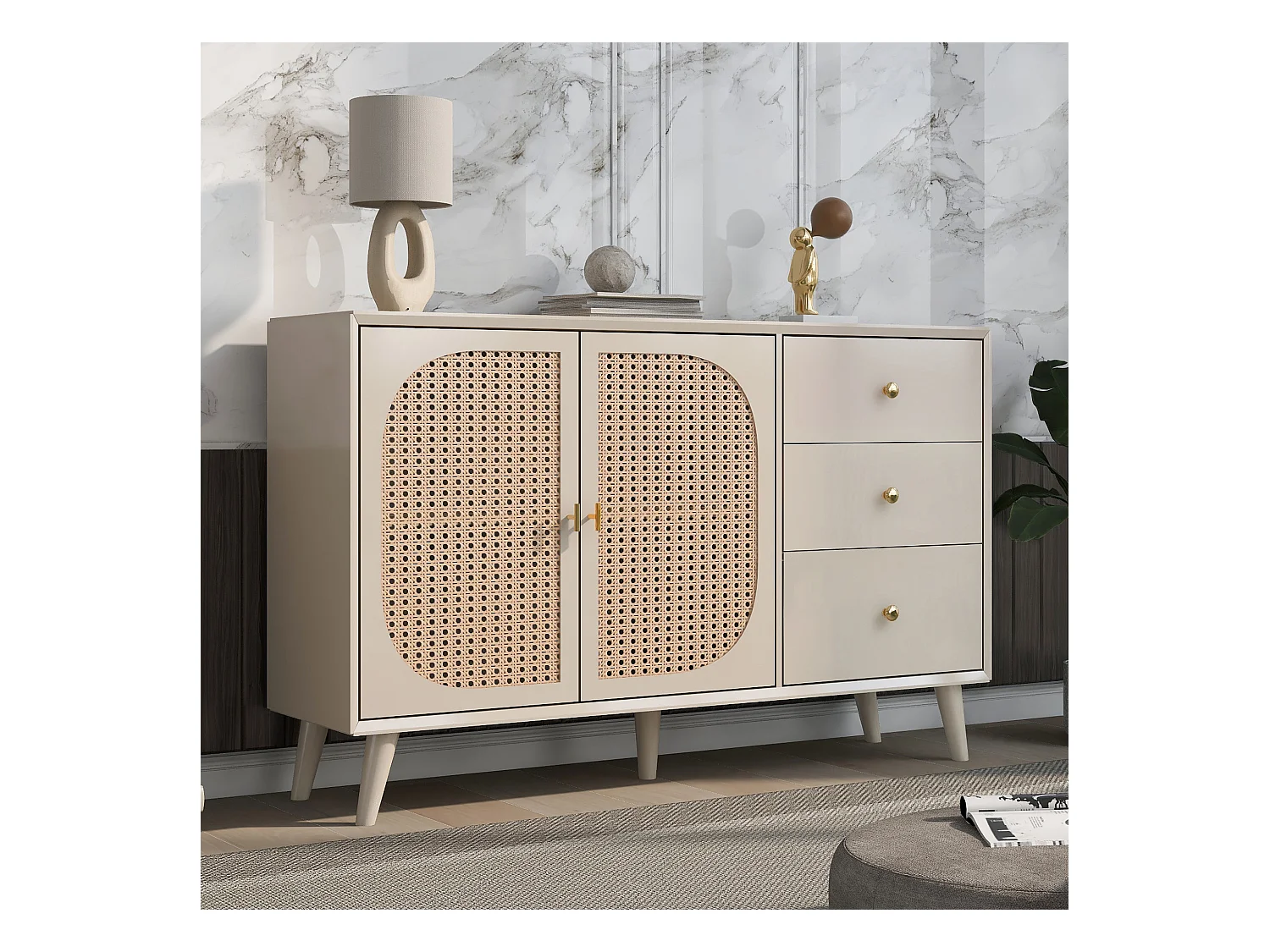 Buffet effet bois clair avec portes et tiroirs blanc cassé crème poignets dorés 120*40*82cm Ghuxeots