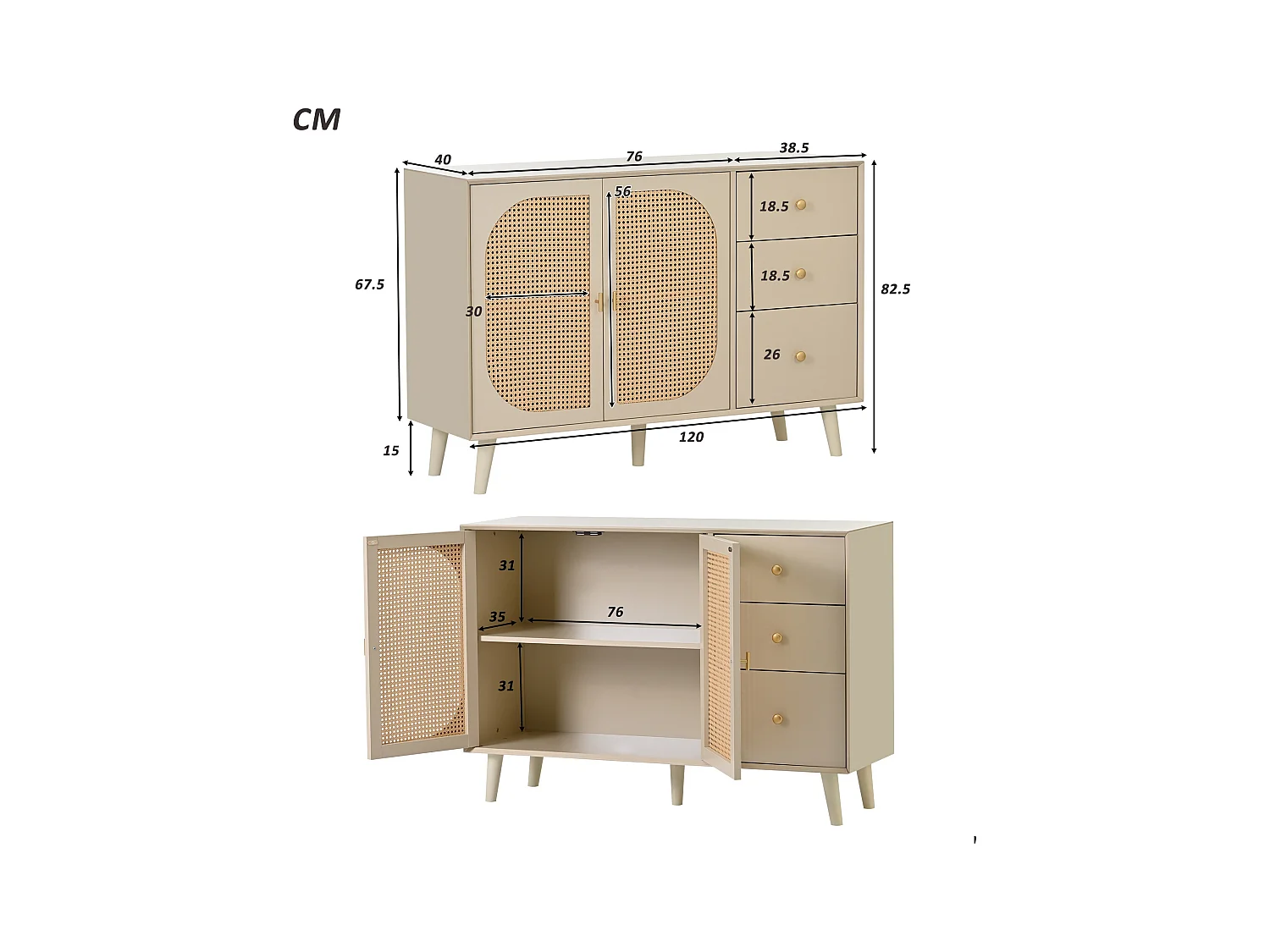 Buffet effet bois clair avec portes et tiroirs blanc cassé crème poignets dorés 120*40*82cm Ghuxeots