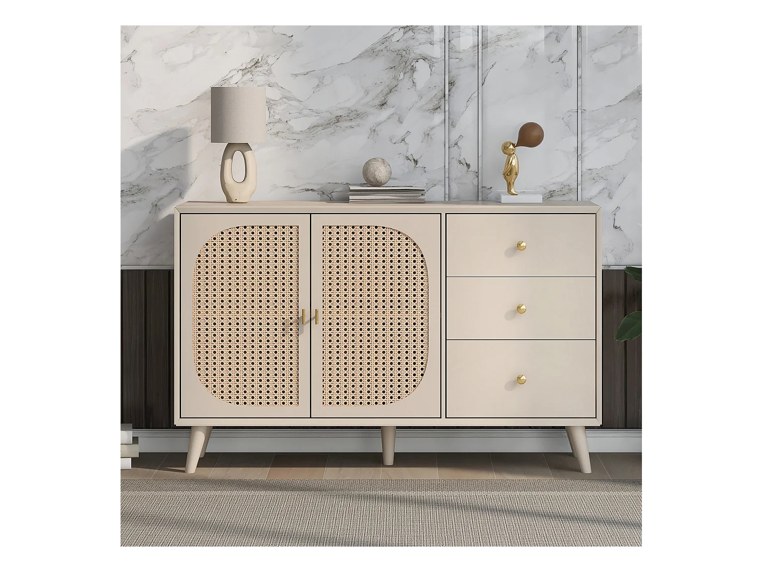 Buffet effet bois clair avec portes et tiroirs blanc cassé crème poignets dorés 120*40*82cm Ghuxeots