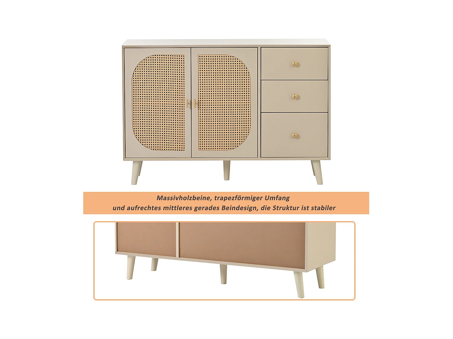 Buffet effet bois clair avec portes et tiroirs blanc cassé crème poignets dorés 120*40*82cm Ghuxeots