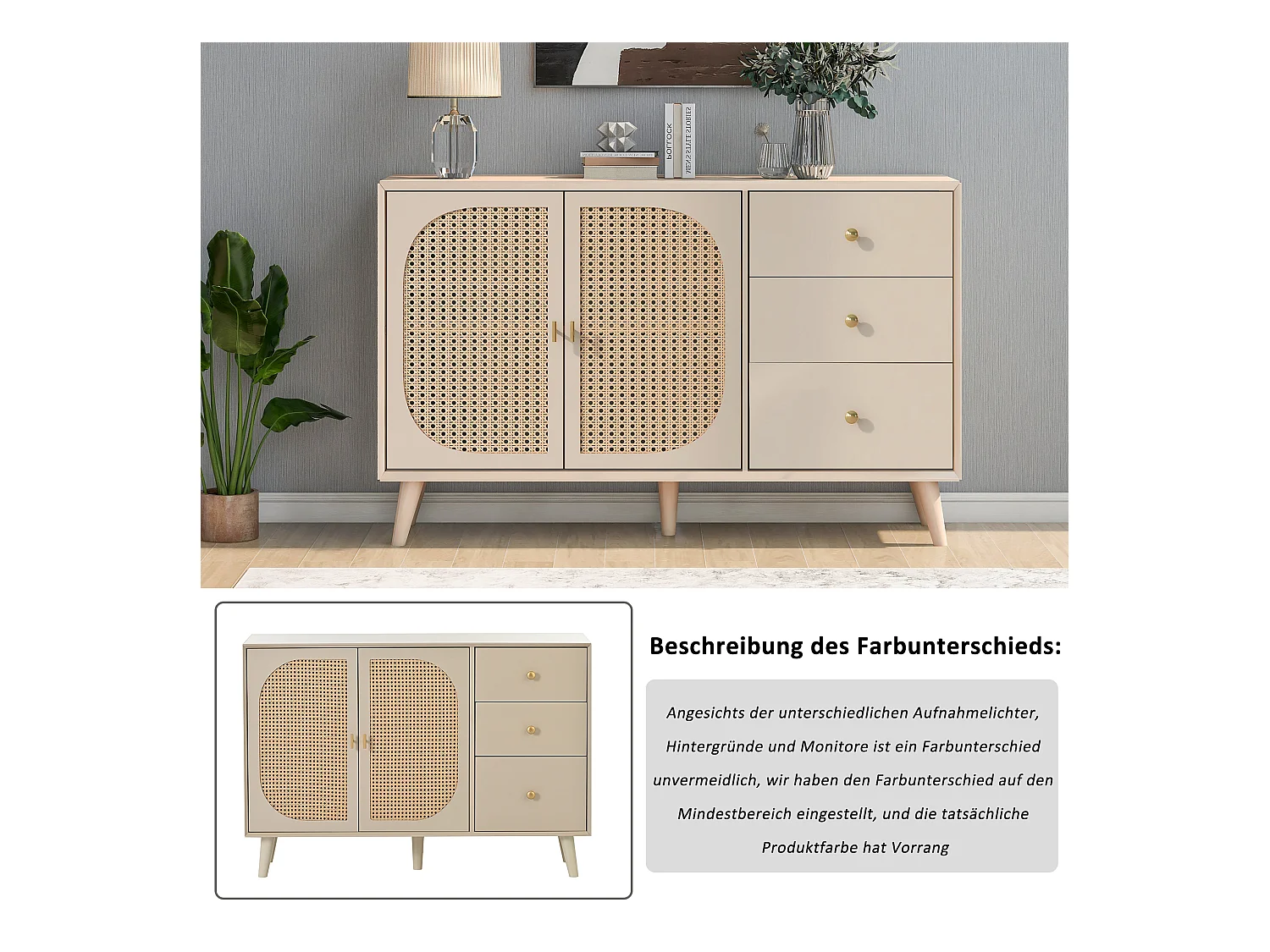 Buffet effet bois clair avec portes et tiroirs blanc cassé crème poignets dorés 120*40*82cm Ghuxeots