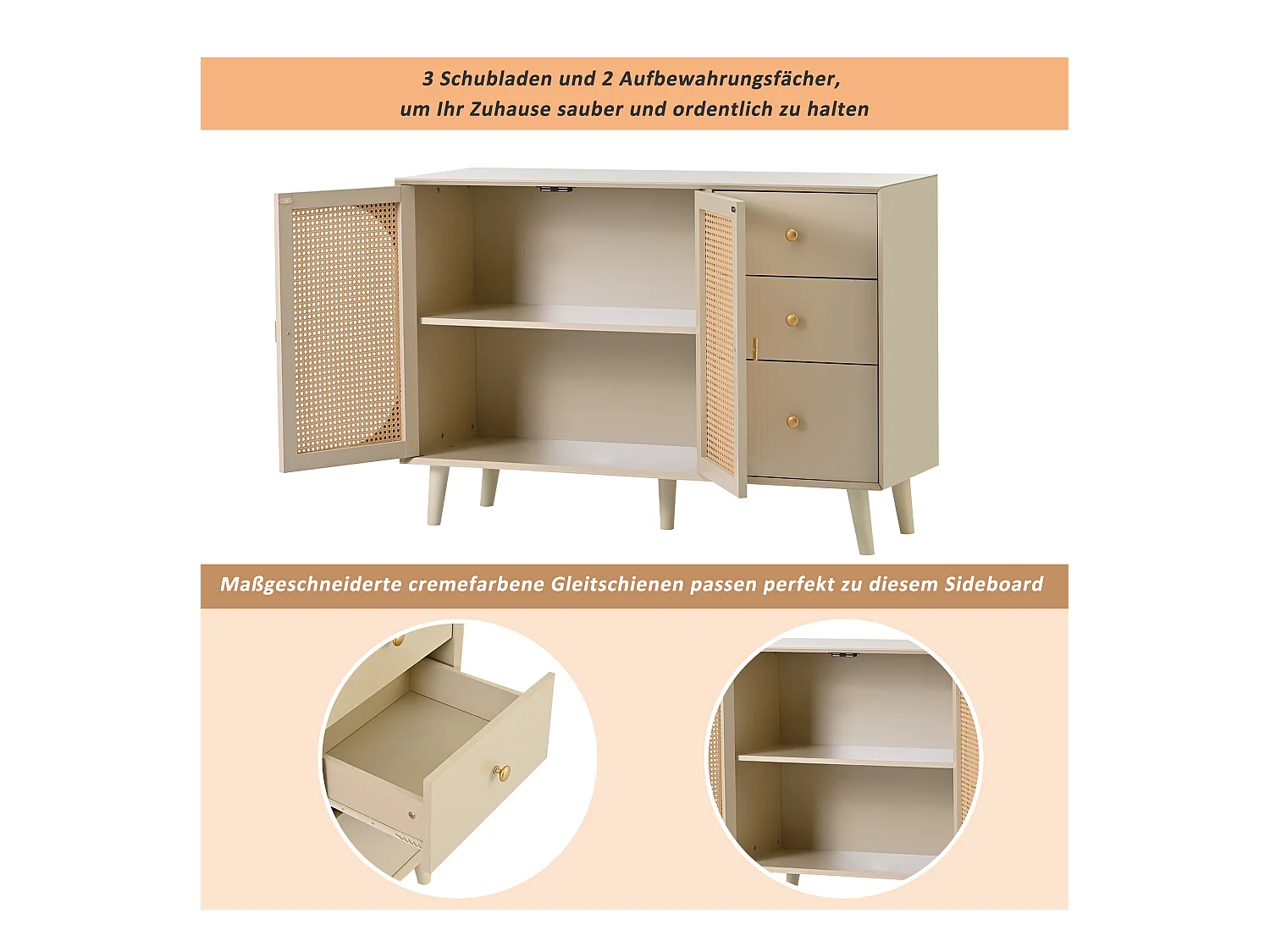 Buffet effet bois clair avec portes et tiroirs blanc cassé crème poignets dorés 120*40*82cm Ghuxeots
