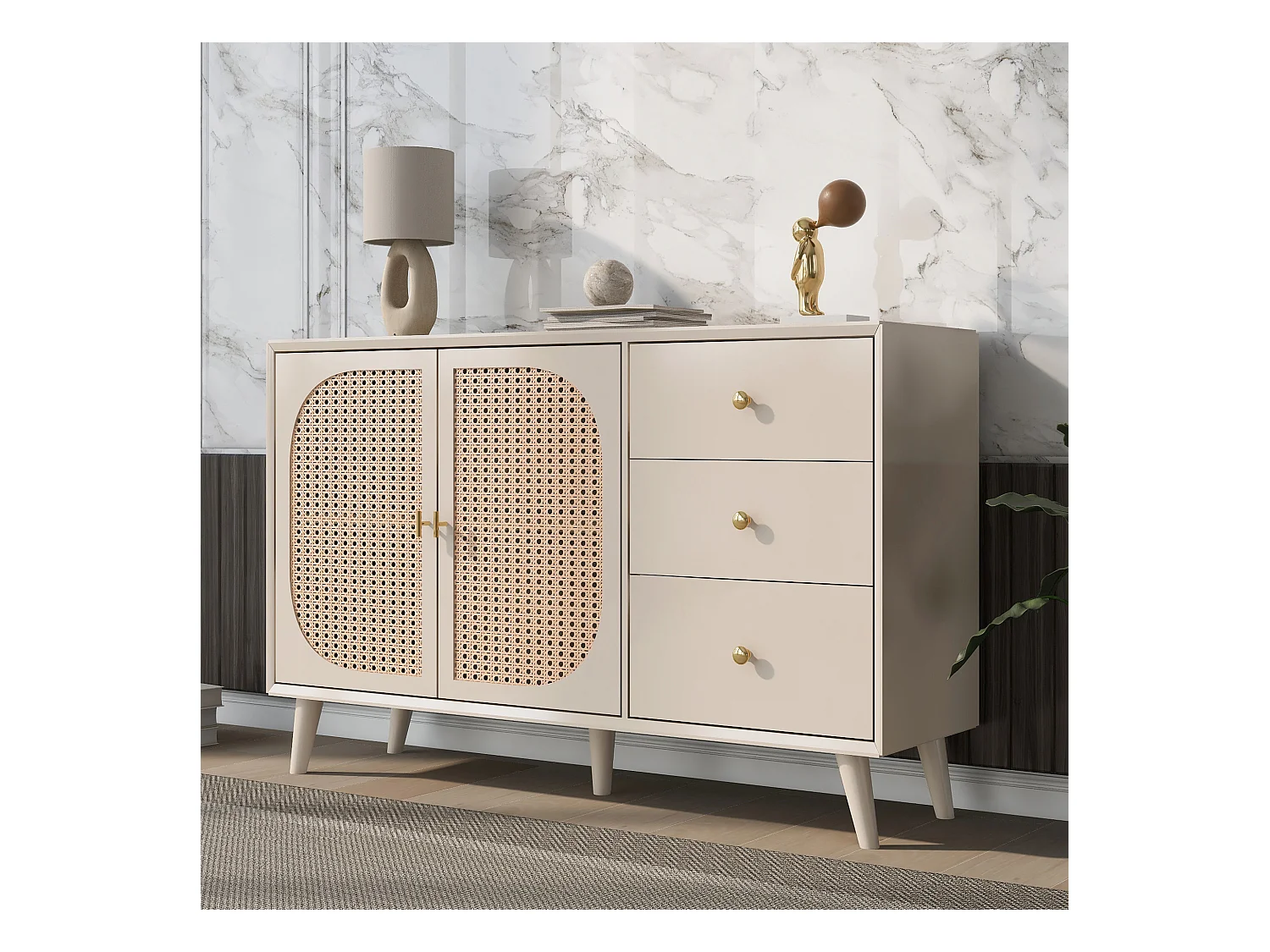 Buffet effet bois clair avec portes et tiroirs blanc cassé crème poignets dorés 120*40*82cm Ghuxeots