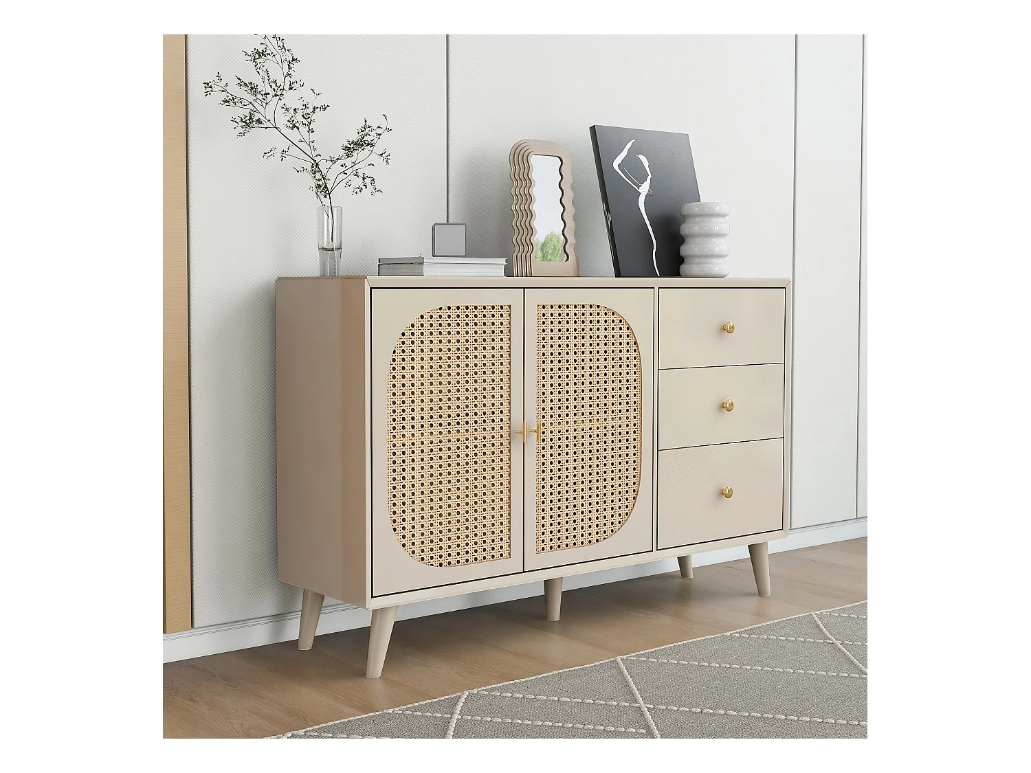 Buffet effet bois clair avec portes et tiroirs blanc cassé crème poignets dorés 120*40*82cm Ghuxeots