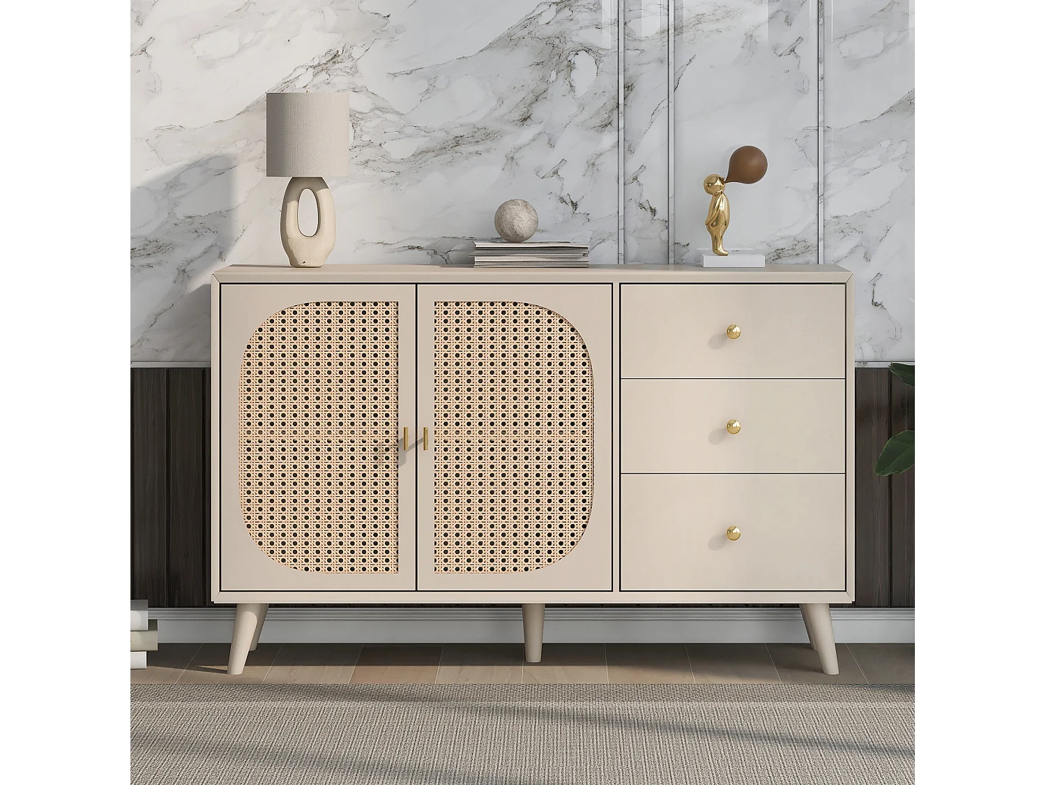 Buffet effet bois clair avec portes et tiroirs blanc cassé crème poignets dorés 120*40*82cm Ghuxeots