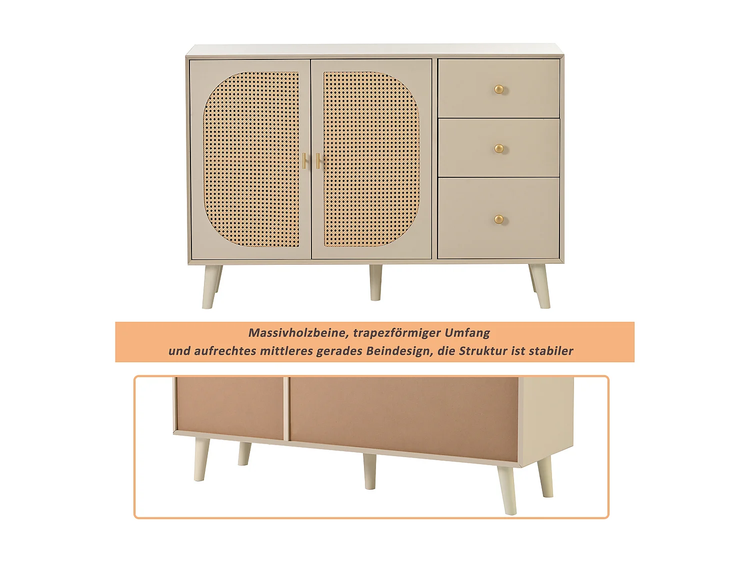 Buffet effet bois clair avec portes et tiroirs blanc cassé crème poignets dorés 120*40*82cm Ghuxeots