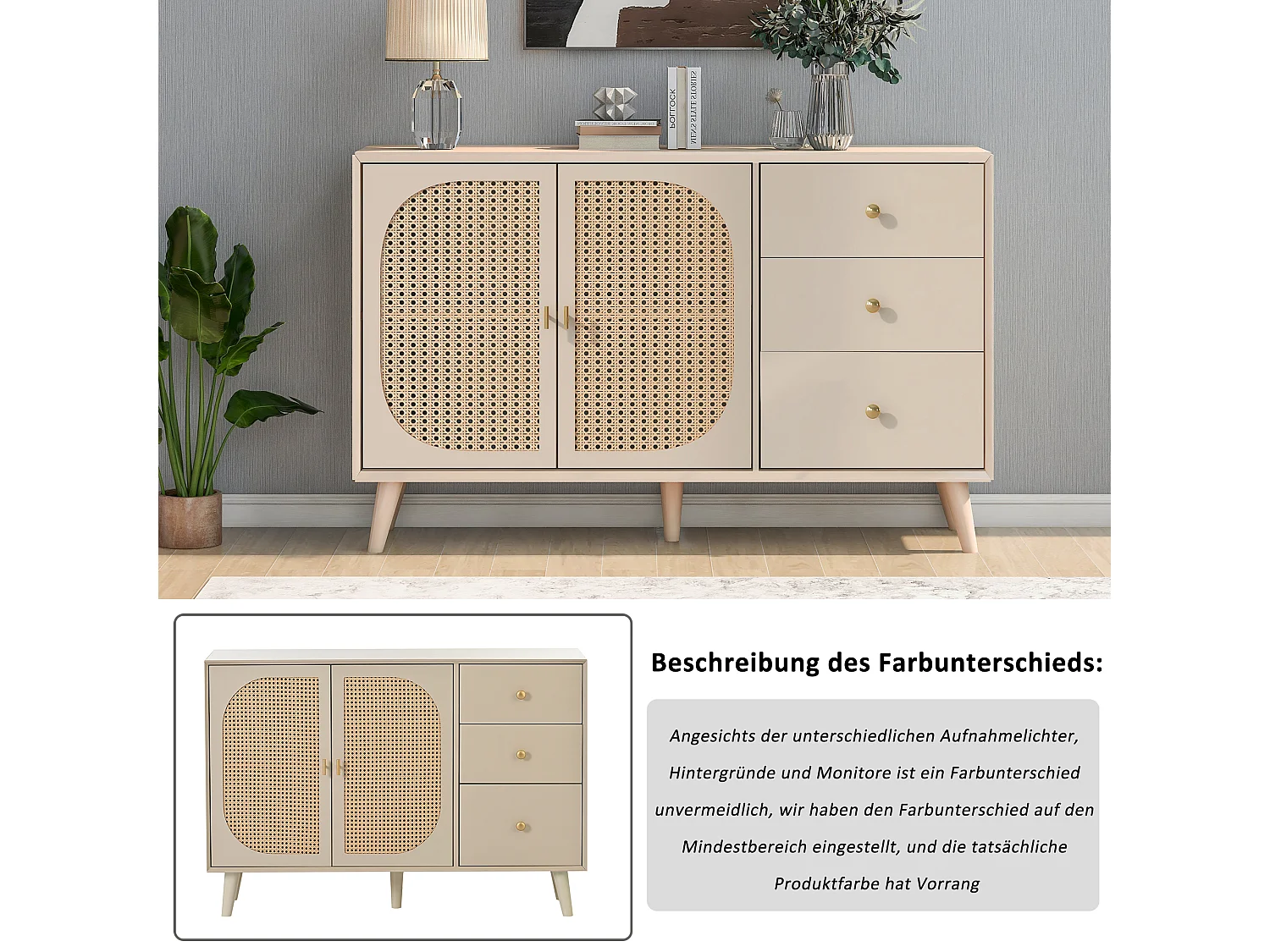 Buffet effet bois clair avec portes et tiroirs blanc cassé crème poignets dorés 120*40*82cm Ghuxeots