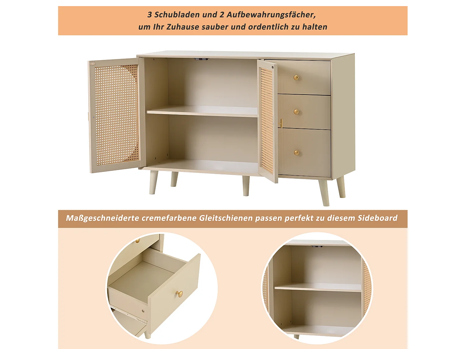 Buffet effet bois clair avec portes et tiroirs blanc cassé crème poignets dorés 120*40*82cm Ghuxeots