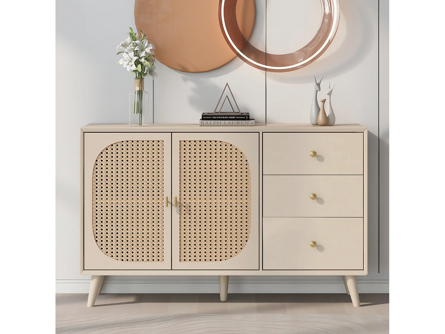 Buffet effet bois clair avec portes et tiroirs blanc cassé crème poignets dorés 120*40*82cm Ghuxeots