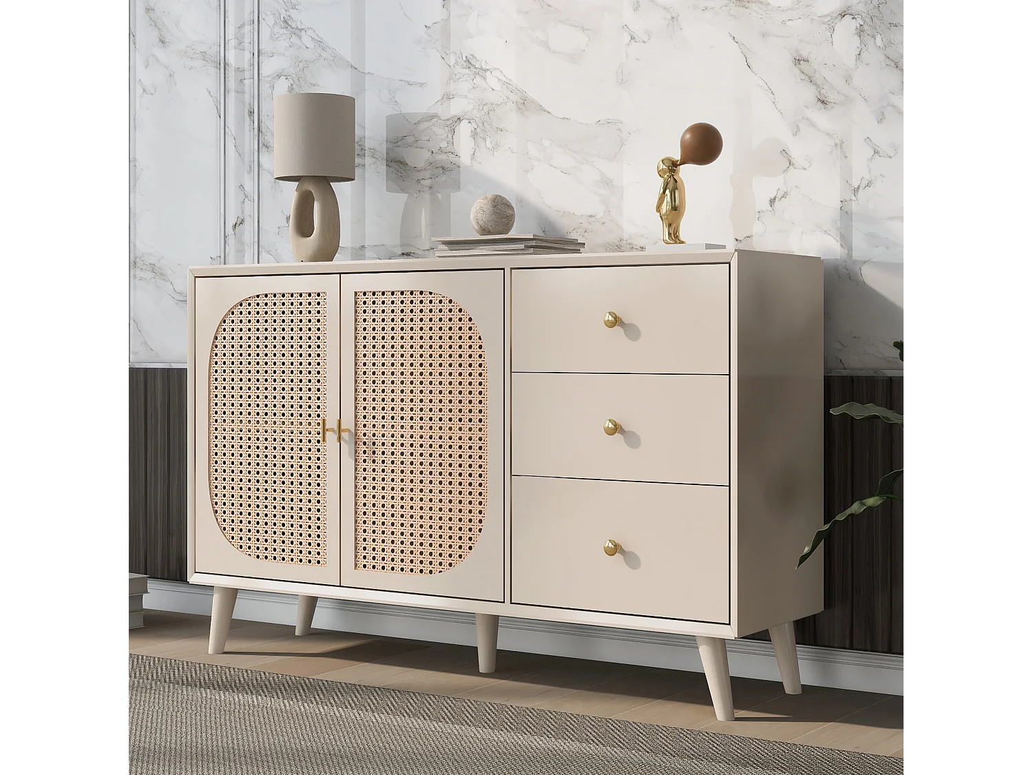 Buffet effet bois clair avec portes et tiroirs blanc cassé crème poignets dorés 120*40*82cm Ghuxeots