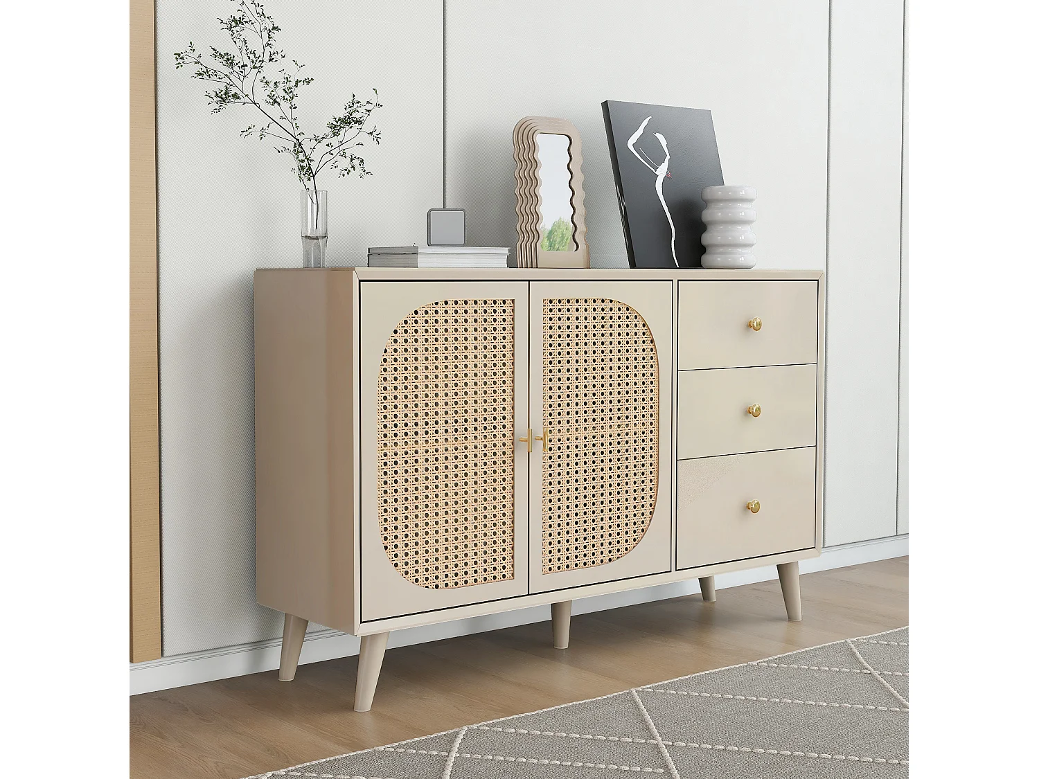 Buffet effet bois clair avec portes et tiroirs blanc cassé crème poignets dorés 120*40*82cm Ghuxeots