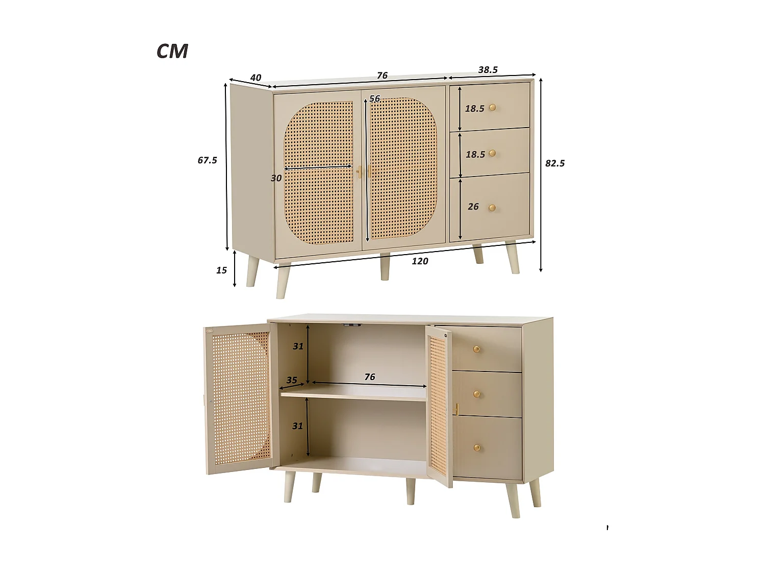 Buffet effet bois clair avec portes et tiroirs blanc cassé crème poignets dorés 120*40*82cm Ghuxeots