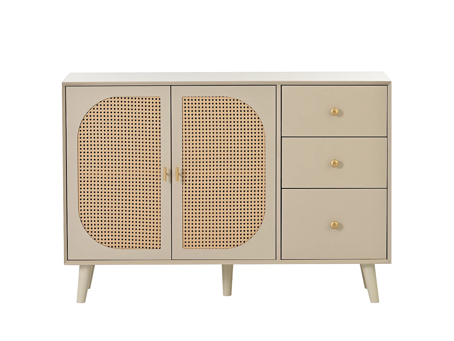 Buffet effet bois clair avec portes et tiroirs blanc cassé crème poignets dorés 120*40*82cm Ghuxeots