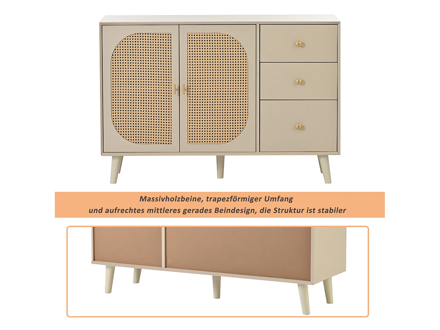 Buffet effet bois clair avec portes et tiroirs blanc cassé crème poignets dorés 120*40*82cm Ghuxeots