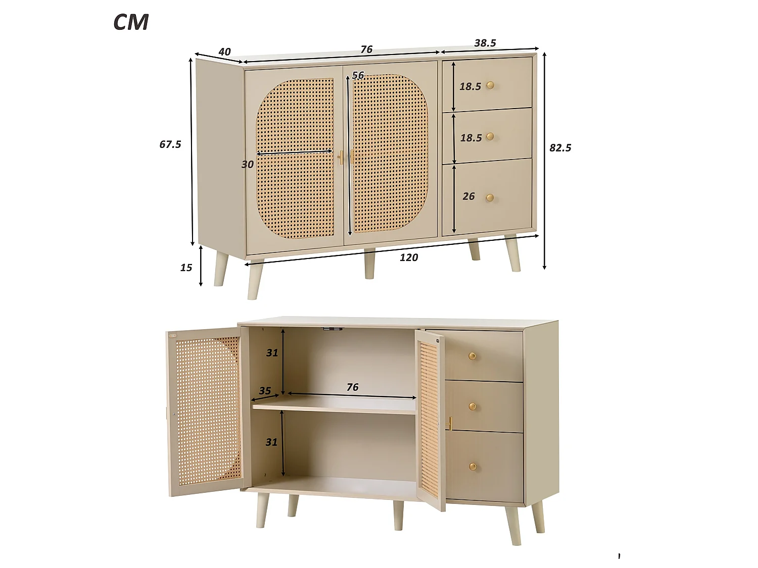 Buffet effet bois clair avec portes et tiroirs blanc cassé crème poignets dorés 120*40*82cm Ghuxeots