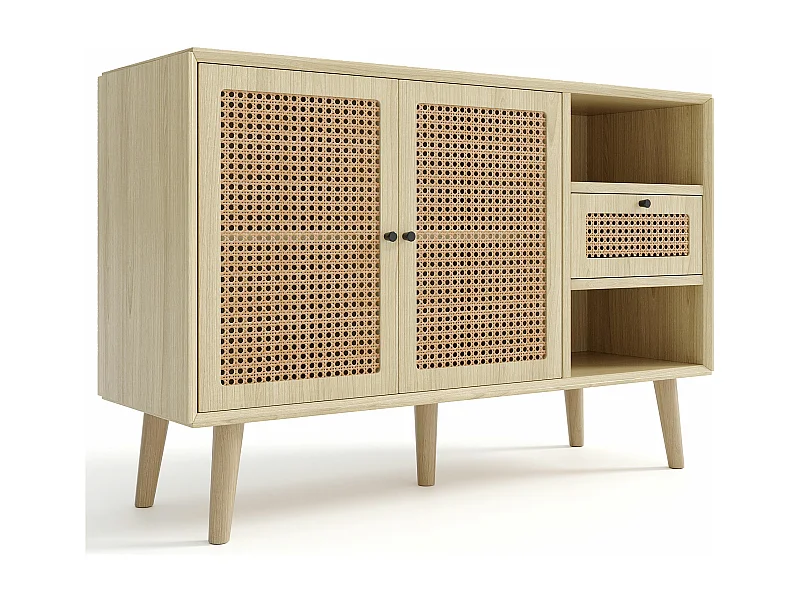 Buffet effet bois chêne et tissage en rotin avec 1 tiroir et 2 portes 120x40x80cm ELMEL