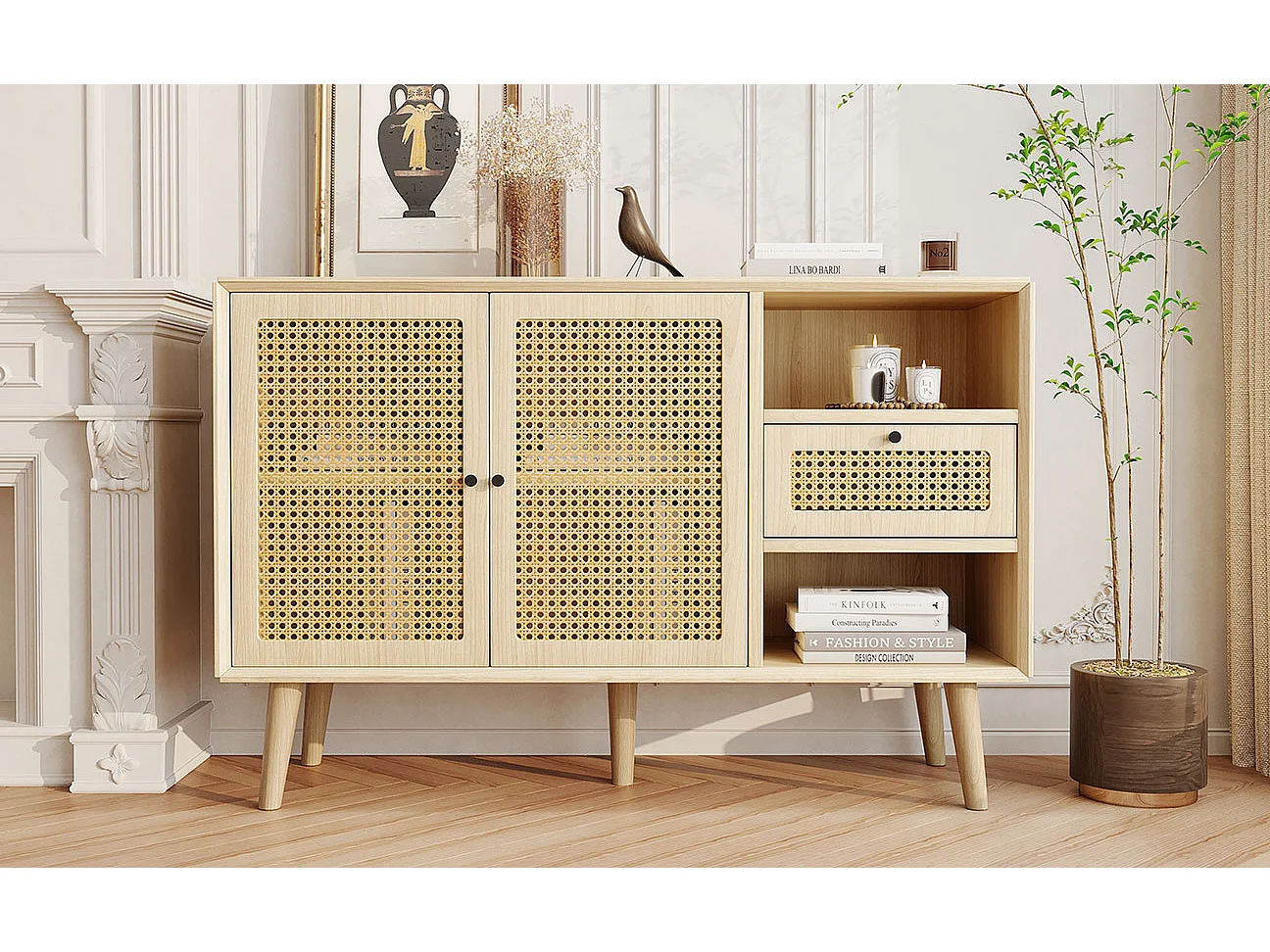 URBAN MEUBLE Buffet effet bois chêne et tissage en rotin avec 1 tiroir et 2 portes 120x40x80cm