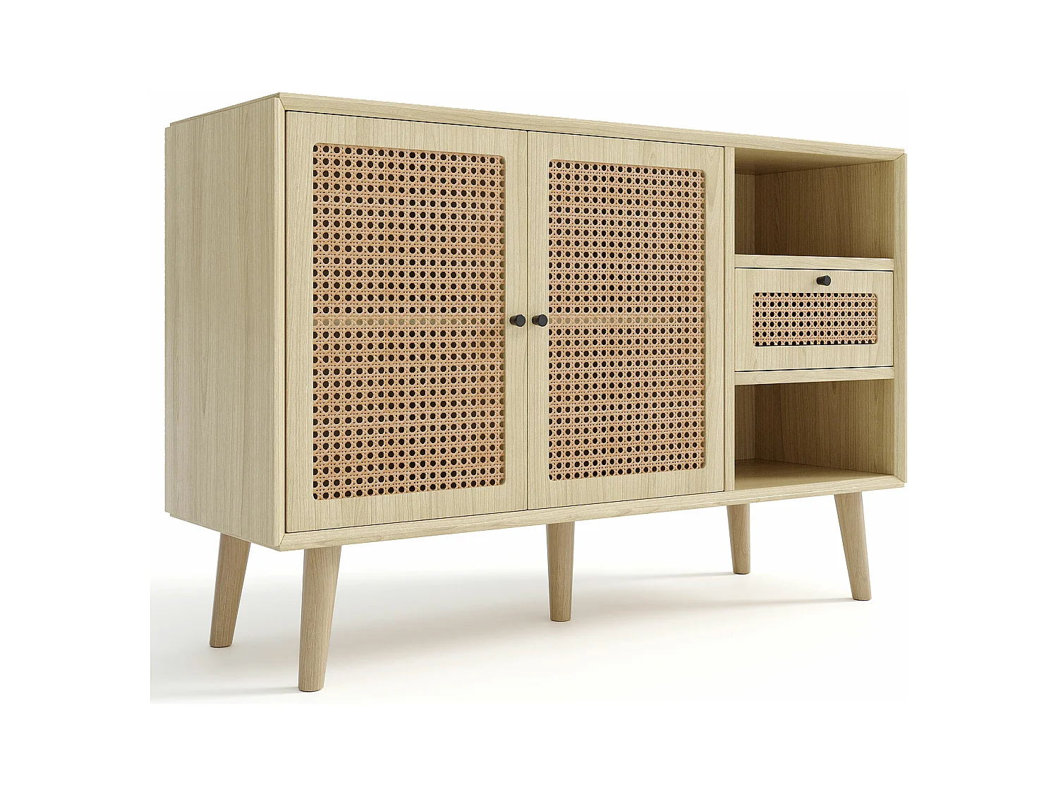 Buffet effet bois chêne et tissage en rotin avec 1 tiroir et 2 portes 120x40x80cm ELMEL
