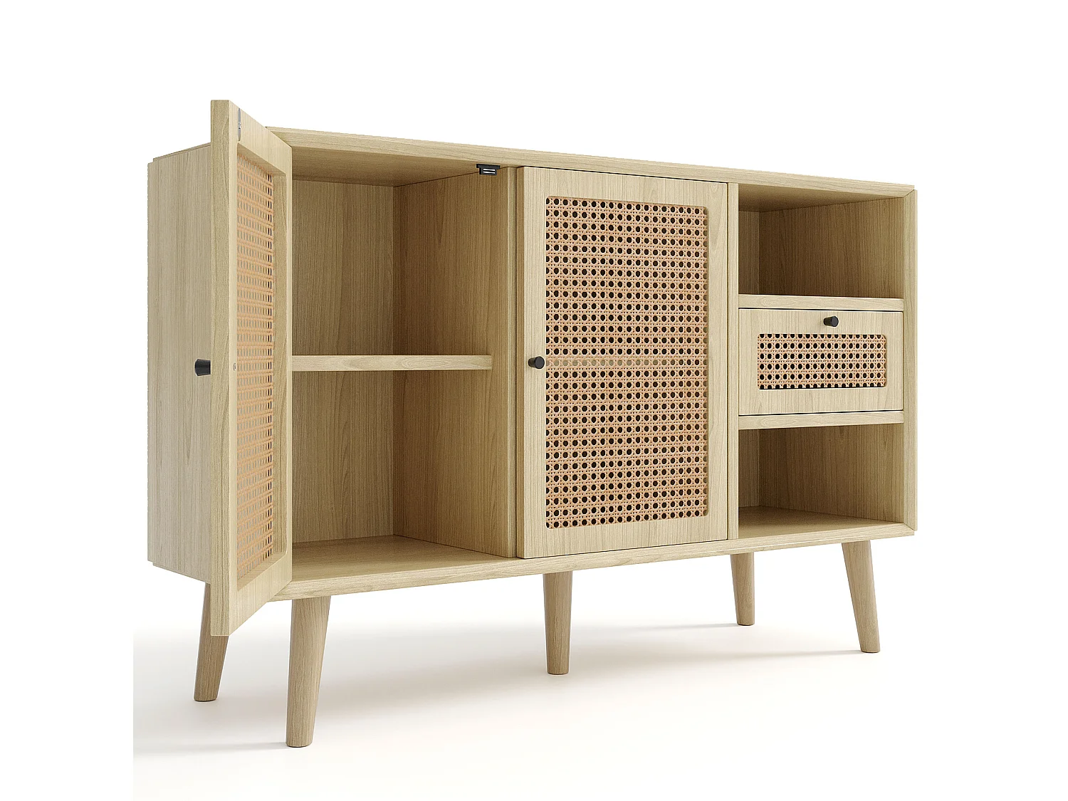 URBAN MEUBLE Buffet effet bois chêne et tissage en rotin avec 1 tiroir et 2 portes 120x40x80cm