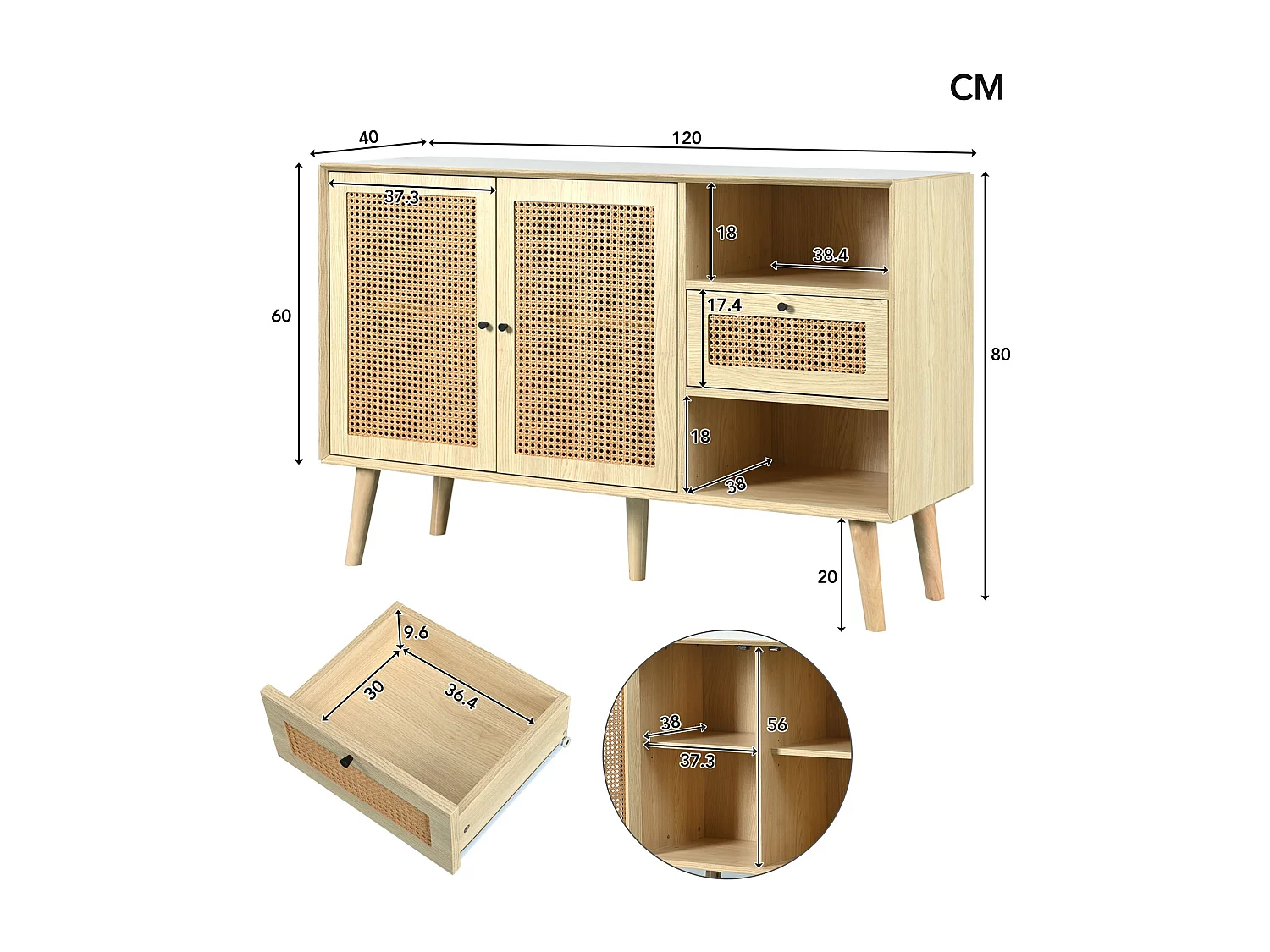 URBAN MEUBLE Buffet effet bois chêne et tissage en rotin avec 1 tiroir et 2 portes 120x40x80cm